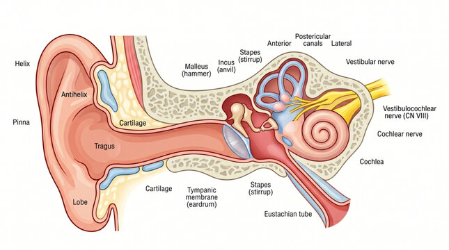 Medical illustration of human ear anatomy isolated on white background, healthcare concept, vector