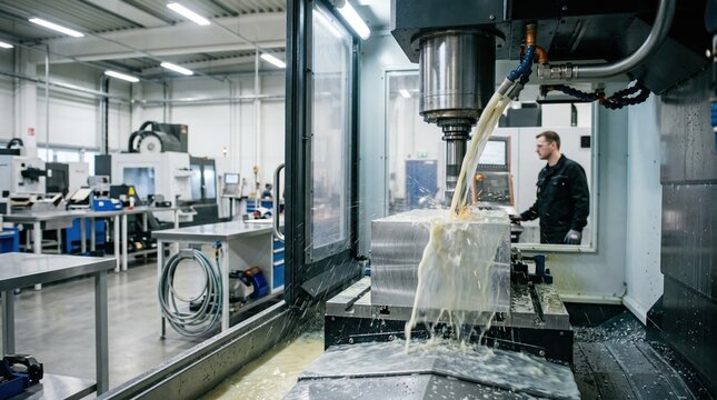 Medium shot of industrial coolant pouring into a metal machining process showcasing ecofriendly biobased emulsions in a clean factory setting.