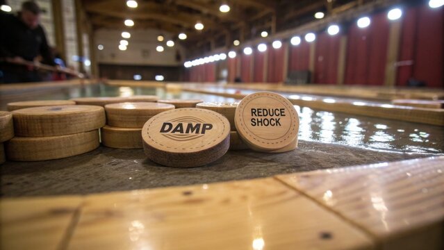 Wooden Shuffleboard Discs with 'Damp' and 'Reduce Shock' Markings on a Game Table