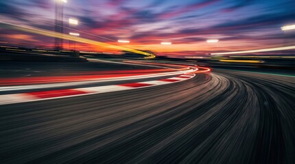 Fototapeta premium Motion blurred evening circuit road for Formula 1 racing.