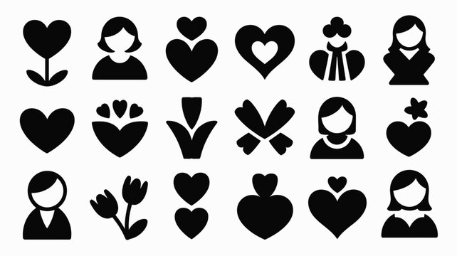 Mother's day symbol icons set black silhouettes on white background hearts flowers people