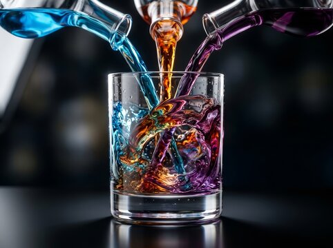 Three colorful liquids pour into a glass, creating a vibrant swirling effect. Perfect for artistic or scientific themes.