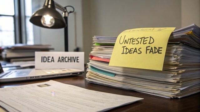 Untested Ideas Archive Folder Beside Stacked Documents and Desk Lamp in Office Setting