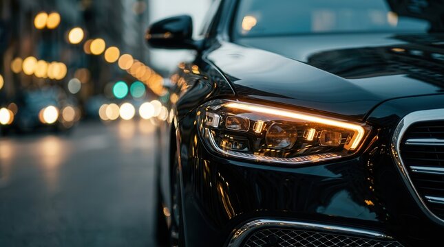 Side view of a new modern black car with glowing front headlight and metallic bumper on a street.