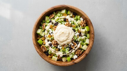 Naklejka premium Waldorf salad with celery, apple, walnuts, and raisins in a wooden bowl.