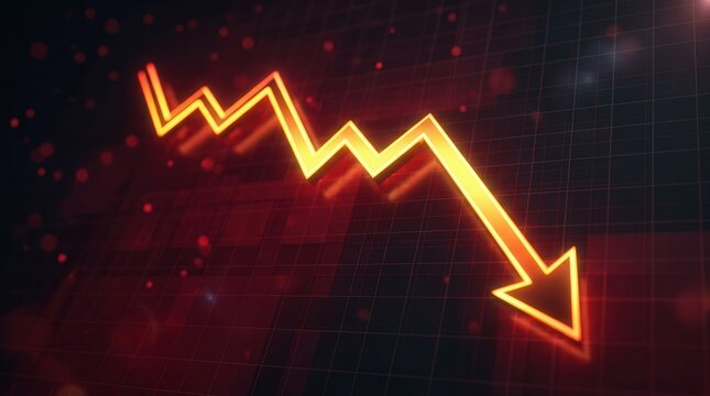 Global financial market crash with a downward arrow and graph on a red digital grid background.
