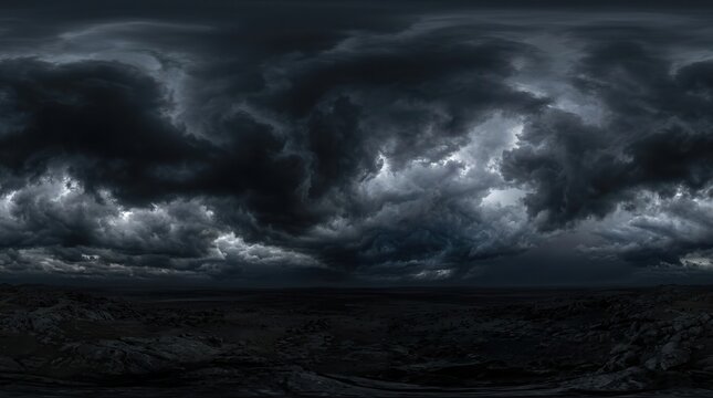Stormy sky with black clouds HDRI panorama for 3D graphics and gaming.