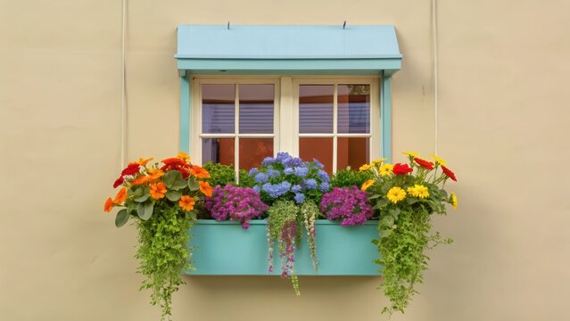 A storefront with a colorful array of outdoor planters and hanging baskets