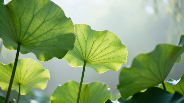 Green lotus leaves in sunlight