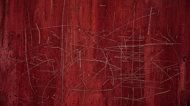 Red wooden surface with numerous scratches showing texture