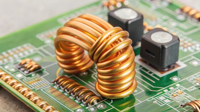 Orange inductor with copper wire on green printed circuit board