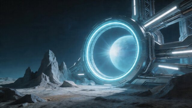 Futuristic space portal on alien terrain