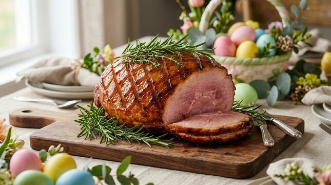 Glazed homemade Easter ham served on a festive holiday table.