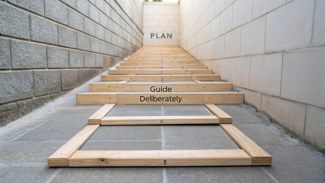 Wooden Stair Construction with 'Plan' and 'Guide Deliberately' Markings Leading Upward