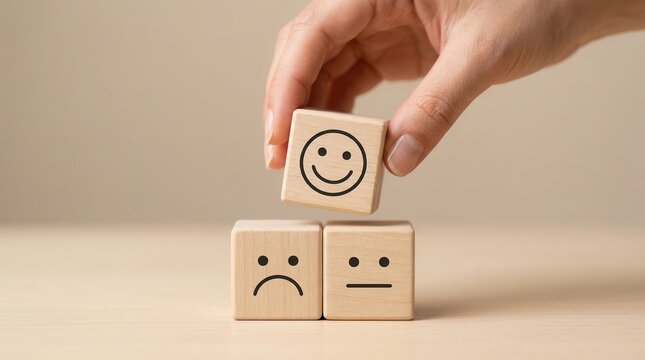 Customer satisfaction concept showing a hand placing a happy face block for NPS survey and experience improvement.