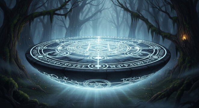 Glowing magic circle in enchanted forest