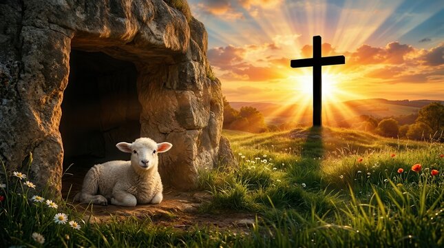 A white lamb resting inside a stone tomb with a cross at sunrise.