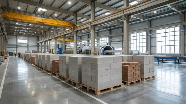 Manufacturing of aerated concrete AAC blocks and fly ash bricks in a factory setting.