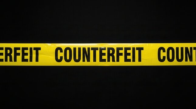 Yellow caution tape with counterfeit warning on a dark background.
