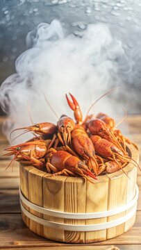 Boiled crayfish on a wooden background with steam rising from it