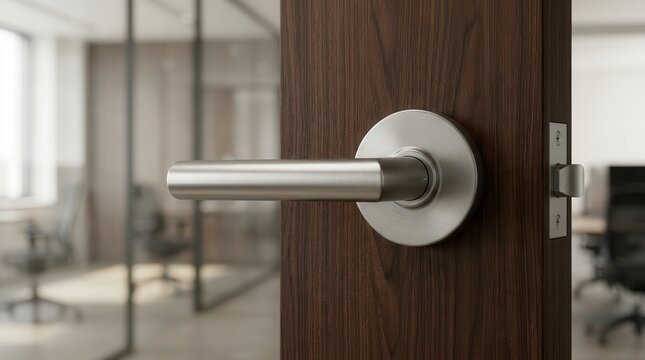 Modern secure door knob on a dark wooden door in an office.