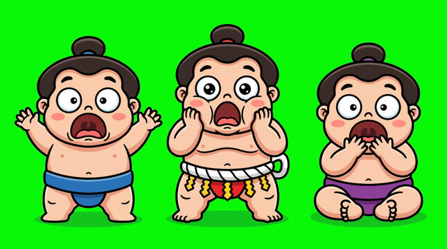 Three Cartoon Sumo Wrestlers with Surprised Expressions on Green Background.