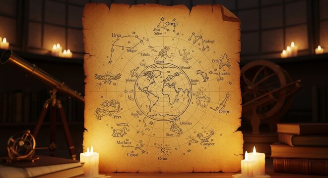 Hand drawn zodiac chart on aged parchment paper