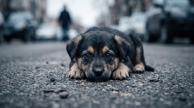 An innocent forsaken dog lying on a street highlighting the issue of abandoned animals.