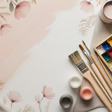 Fondo art&iacute;stico con pinceles, botes de pintura y dise&ntilde;o floral en tonos pastel con espacio de copia