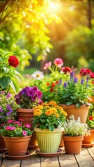 Colorful pots filled with lush greenery and blooming flowers in a warm sunlit outdoor setting