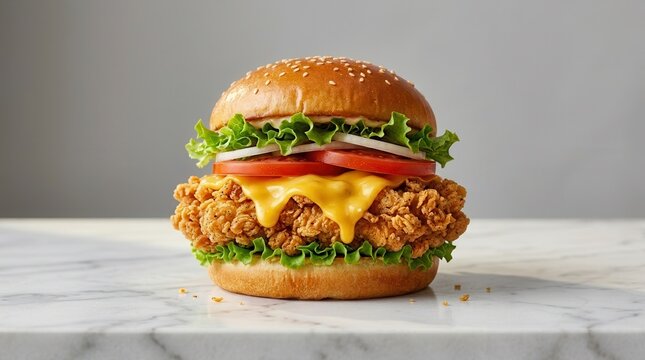 A delicious crunchy and moist chicken zinger burger with melted cheese and fresh vegetables.