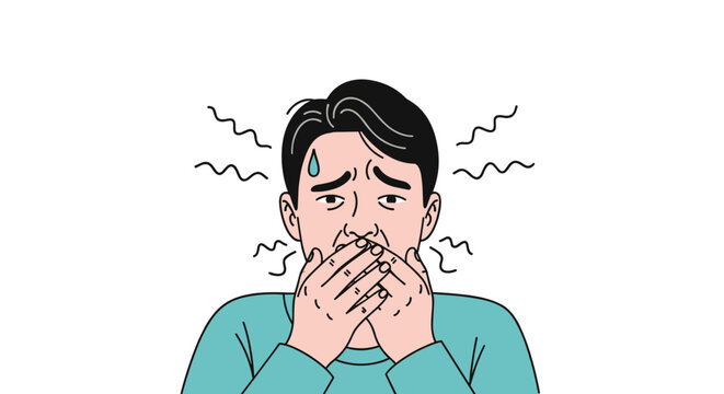 Sick man feels nauseous and covers his mouth with both hands while sweating and looking pale against a plain white background.