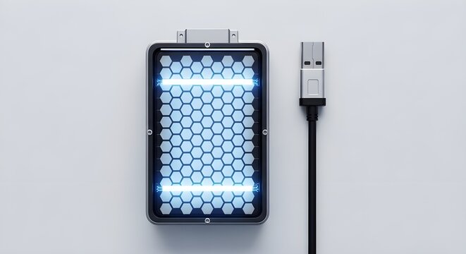 Overhead EV Battery Cross-Section Flatlay &ndash; Glowing Honeycomb Cell Structure with Charging Cable on Clean White Background