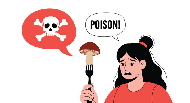 Woman holds a mushroom on a fork and looks worried while imagining a poison warning and skull and crossbones.