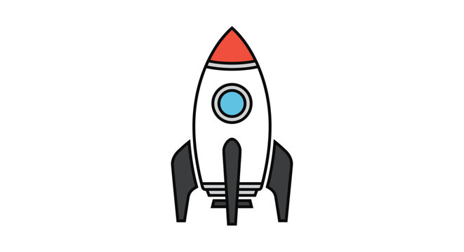 Simple flat design illustration of a white rocket ship with a red nose and grey fins standing vertically on a plain white background.