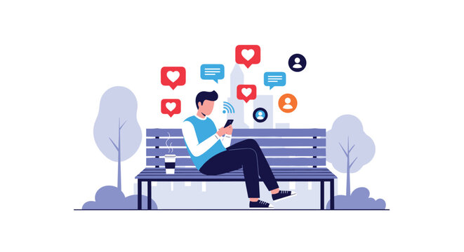 Man sits on park bench using mobile phone while various social media icons like hearts and messages float in the air above.