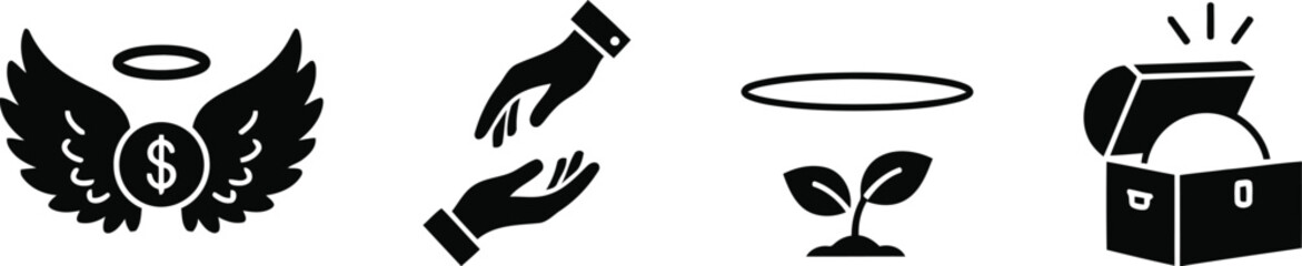 Obraz premium Black icons of angel wings, helping hands, halo, and treasure box