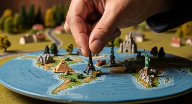 Hand places miniature Eiffel Tower on world map