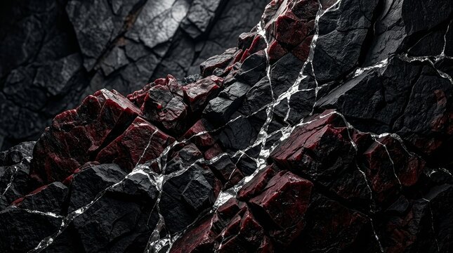 Close up view of dark red and gray fractured rock surface