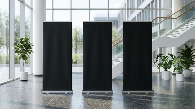 Three black blank roll up banners in a modern hallway with stairs and plants for exhibition mockup.