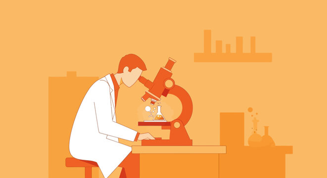 Scientist in lab coat using microscope, conducting research in laboratory