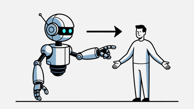 A robot pointing towards a human figure, with an arrow indicating interaction or direction.