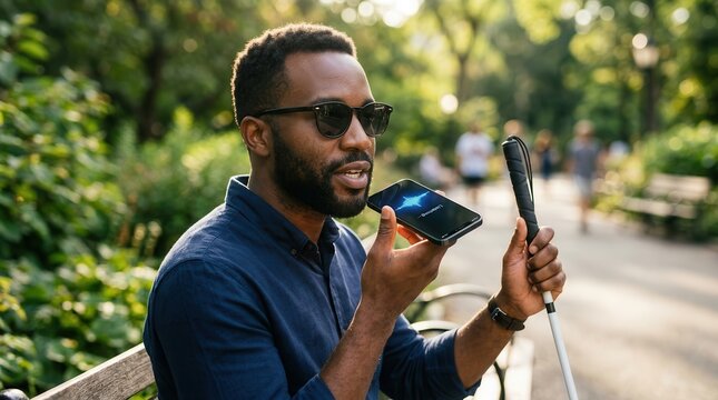 Visually impaired man using a smartphone voice assistant while walking outdoors with a cane.