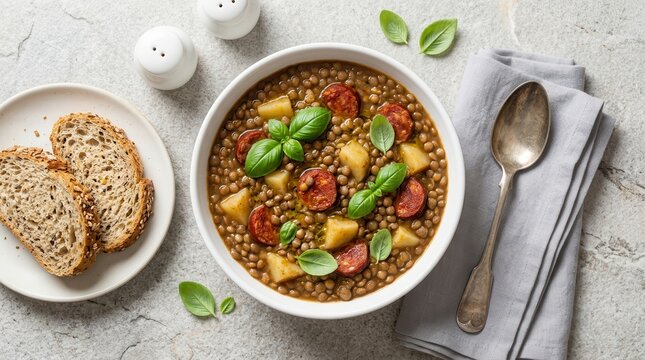 Traditional Spanish lentil stew with chorizo and potatoes in a white bowl.