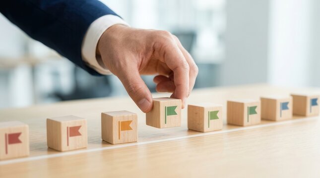 Business and project timeline with company milestones and steps for product development.