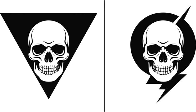 Minimalist skull vector icons, black and white human cranium illustrations, geometric skull logos with triangle and lightning bolt symbols