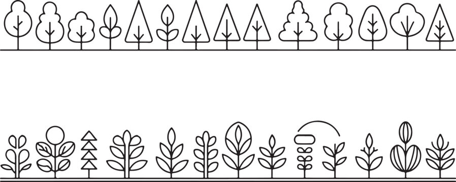 Tree Border Set Line Art Minimalist Nature Plants Forest Vector Icons vector on design on transparent background.
