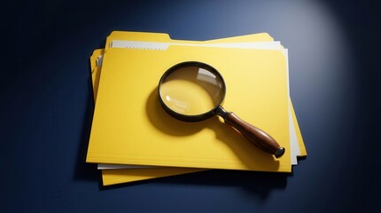 Obraz premium Stack of yellow file folders with a magnifying glass on a dark blue desk for investigation concept.