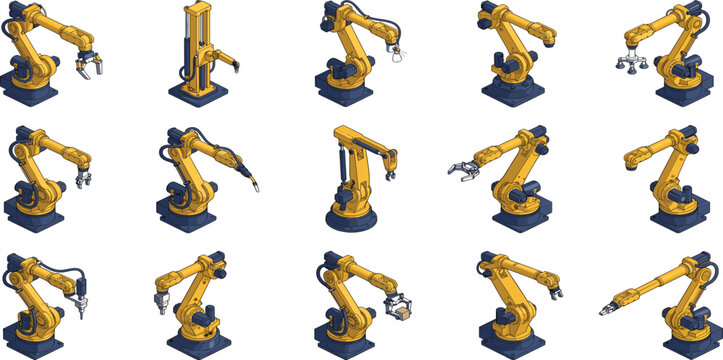 Large collection of isometric industrial robotic arms for automated factory assembly lines smart manufacturing processes and high tech engineering production concepts isolated on white