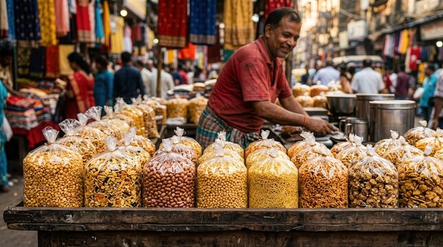 Local Indian dry snacks packaged in plastic bags at a Kolkata shop
